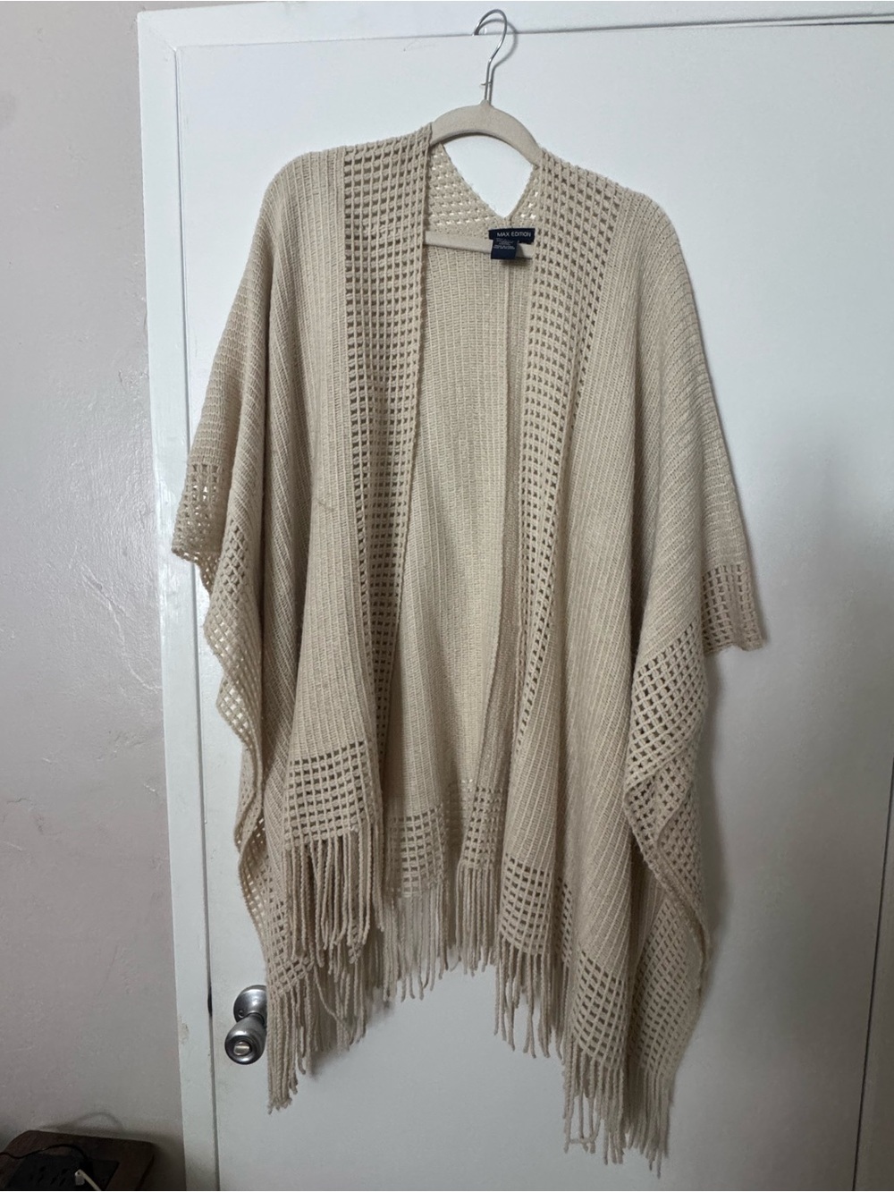 Max Edition Cream Open-Front Fringe Knit Poncho